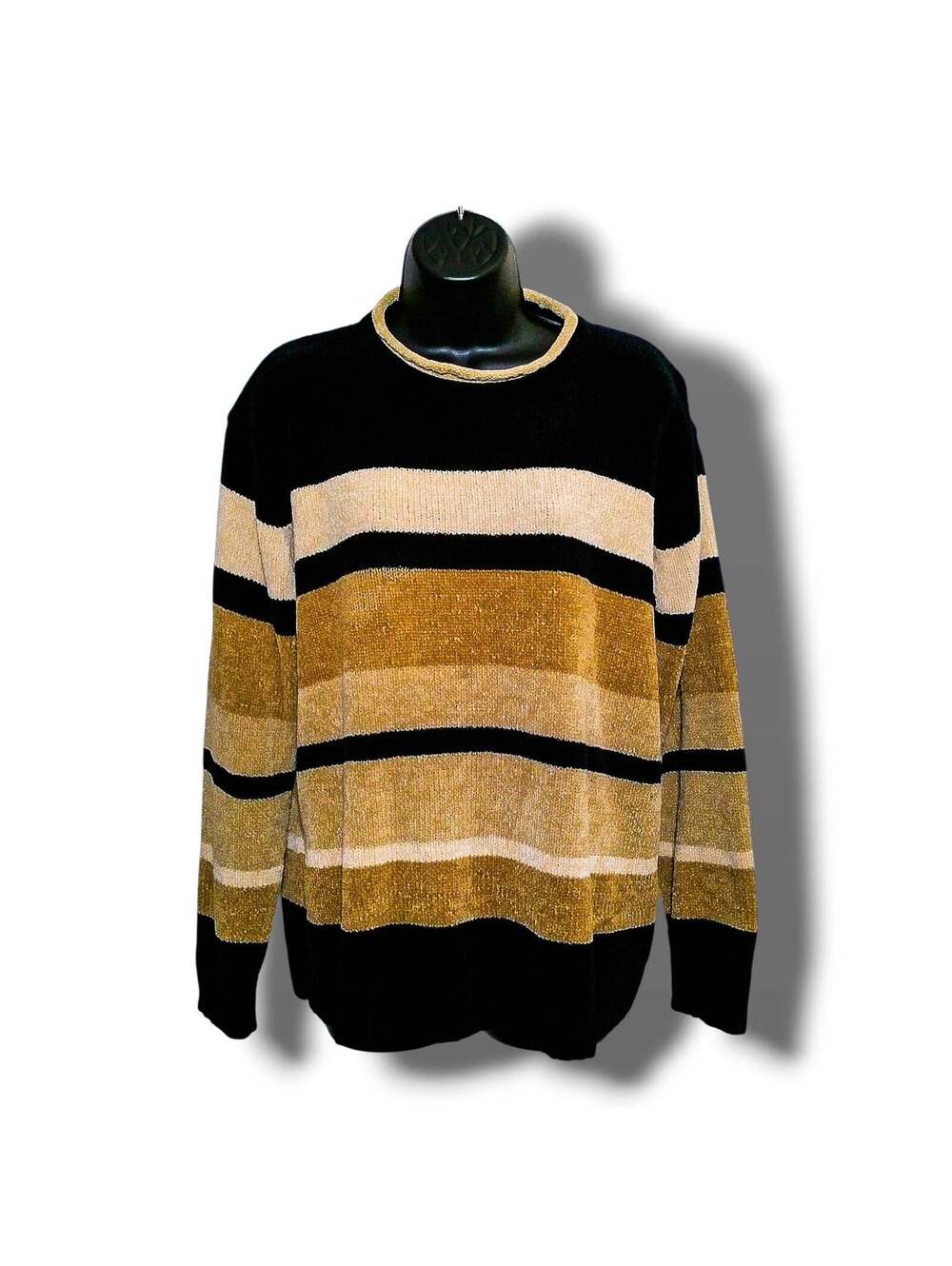 Erika Colorblock Striped Chenille Sweater L Mustard Tan